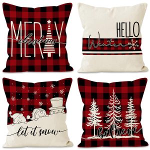 Linen Red Black Checkered Letter Printed Pillow